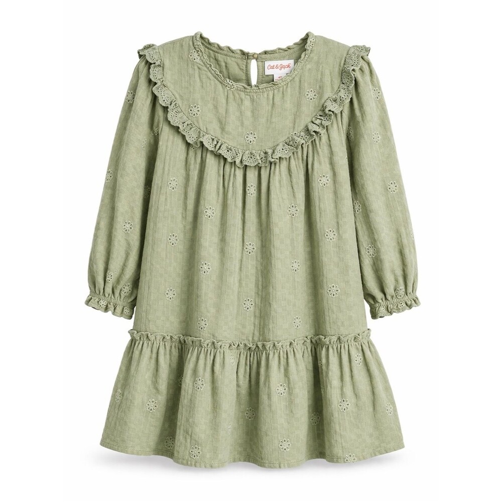 Cat & Jack Green Eyelet Cotton Dress 4T Cottagecore Prairie Boho Summer Ruffle